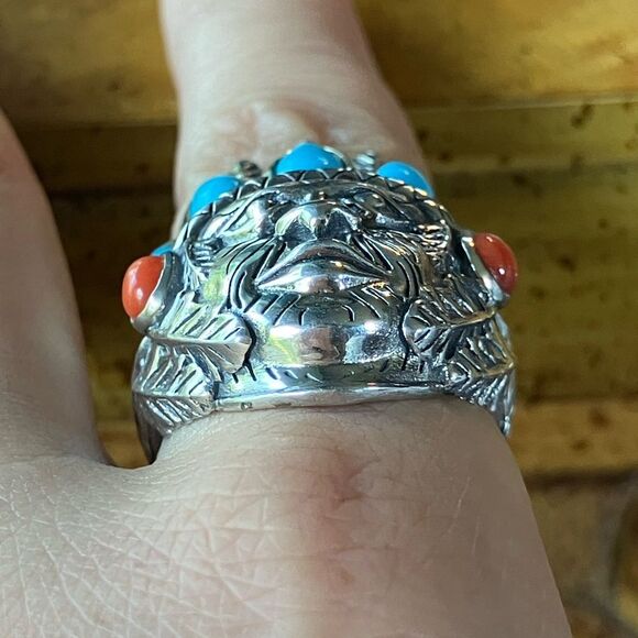 Artisan Crafted Turquoise Indian Chief Ring Size 10 - Picture 2 of 9